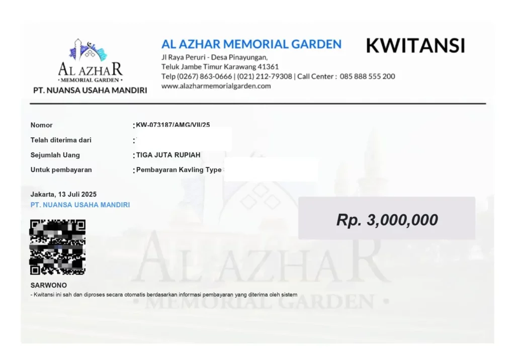 kwitansi digital pembayaran kavling makam
