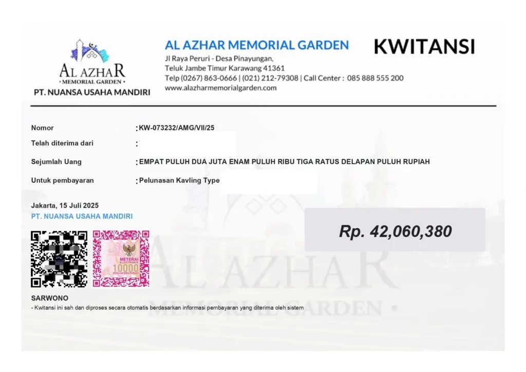 kwitansi digital pembayaran kavling makam